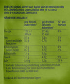 Nährwerttabelle auf der Rückseite der Tüte von Miss Mineva's fermentierte Suppe mit Geschmacksrichtung Erbse-Kokos-Minze